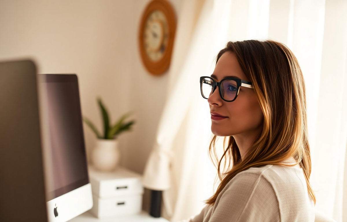 Femme portant des lunettes anti-lumière bleue Eliyanna